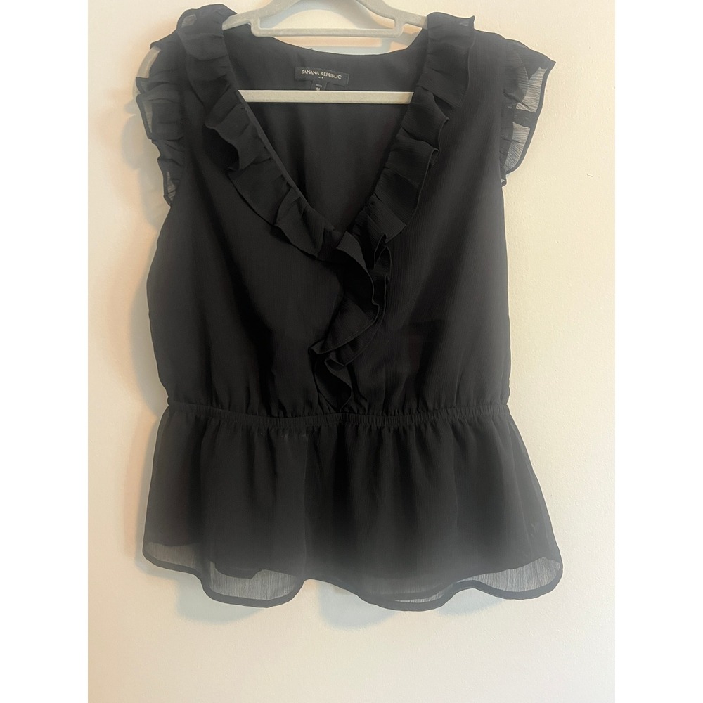 Banana Republic Black Ruffle V-Neck Peplum Blouse Petite Medium Cap Sleeve Top